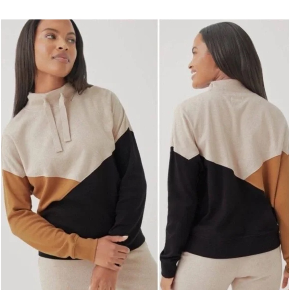 Pact Women’s Organic Cotton Sweater in Black, Tan, and Cream Size Medium